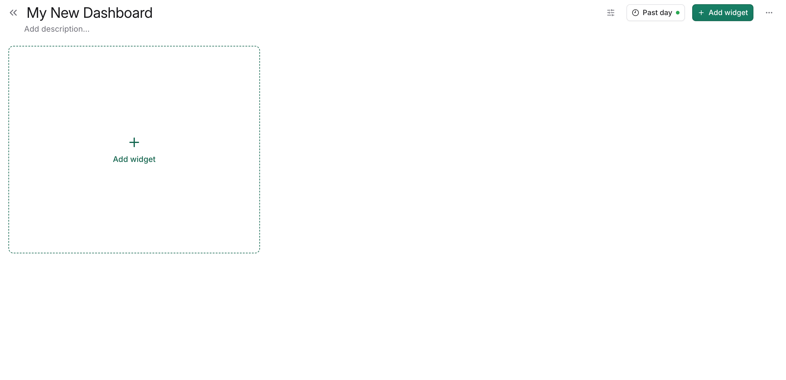 A new, empty dashboard with an editable title and a dashed "Add widget" tile