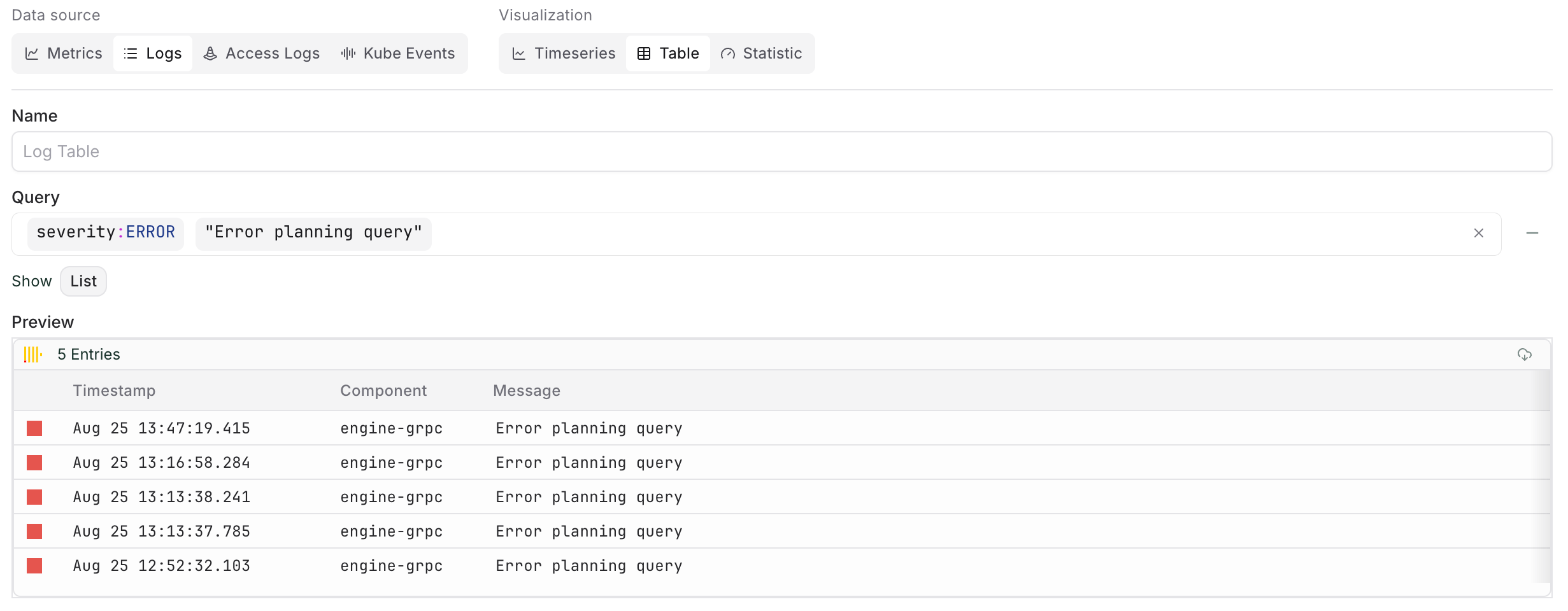A list table tailing log lines that match a specific error message