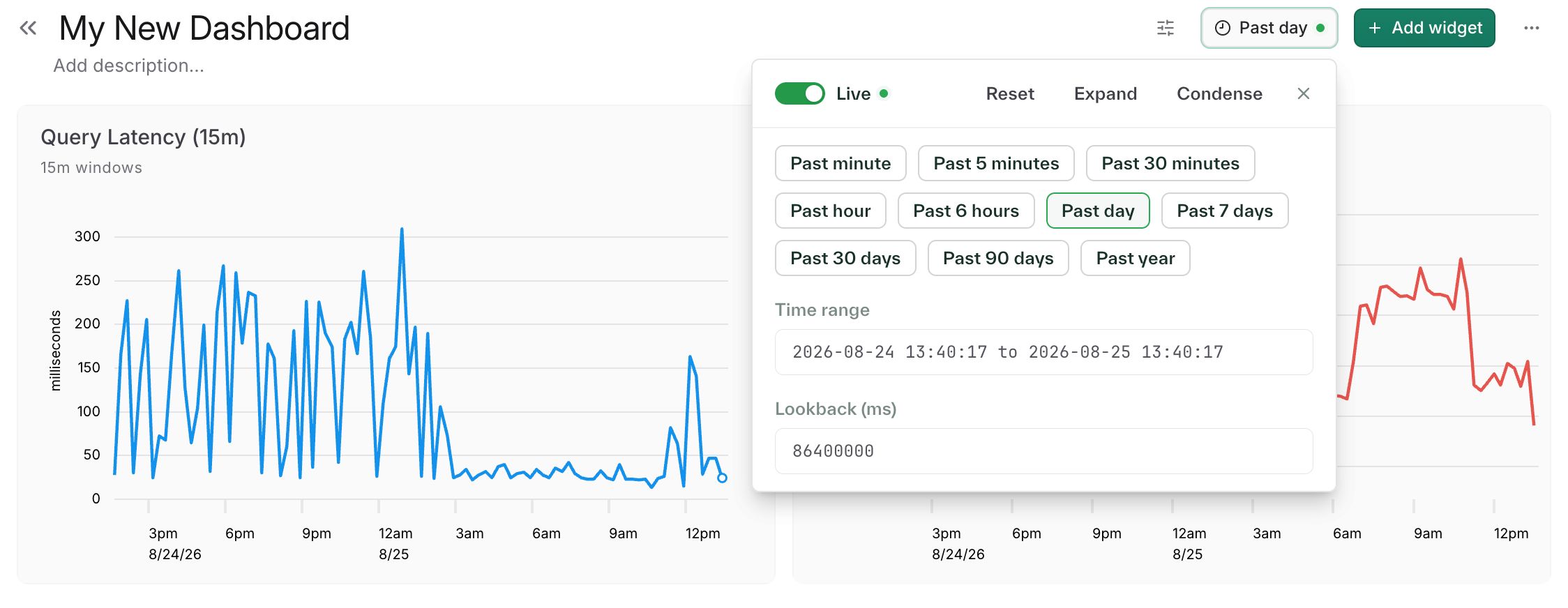 The time selector open, with relative window presets, a custom range picker, and the Live toggle