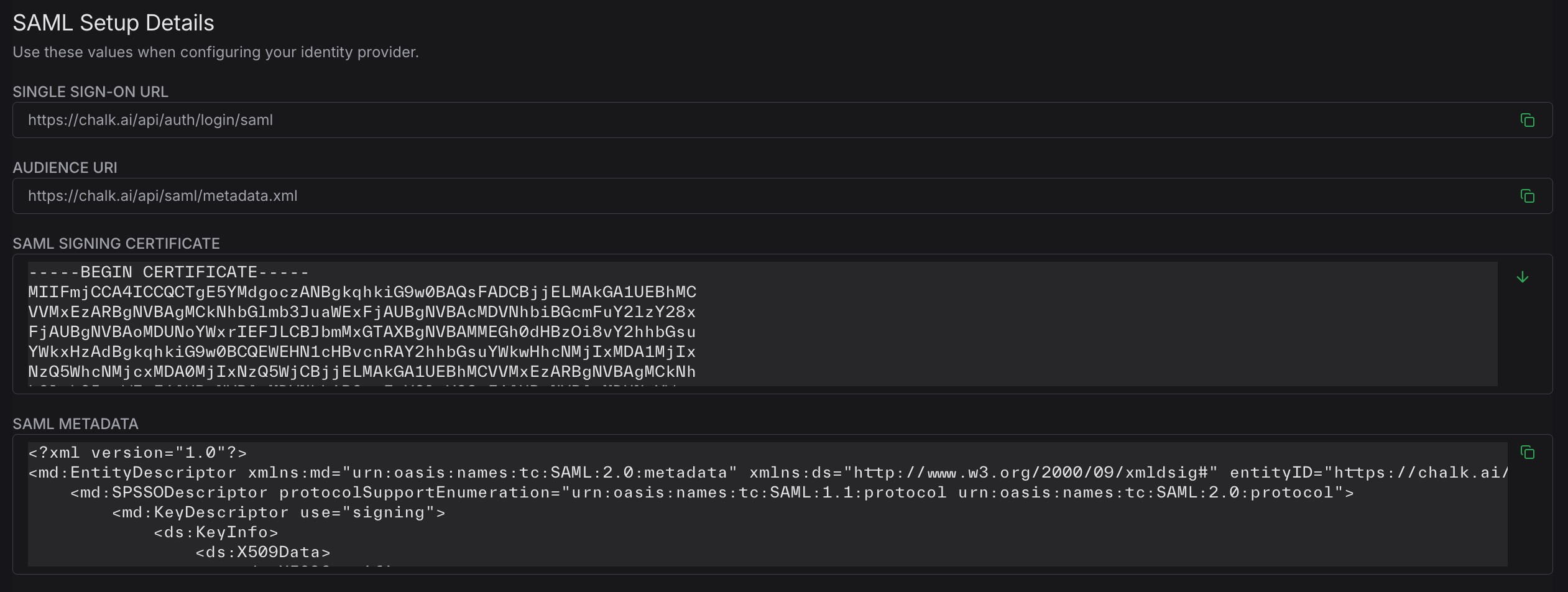 SAML Idp Setup Details