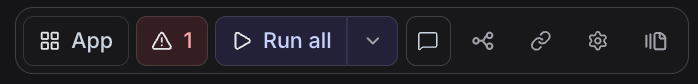 The Chalk notebook toolbar: App, an error count, Run all with its run-mode dropdown, comments, dependencies, share, settings, and history