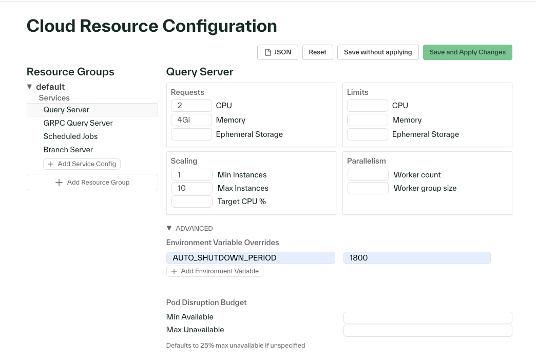 Cloud Resource Configurations Advanced Settings