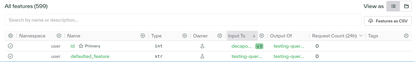 Feature table with request count and csv export button